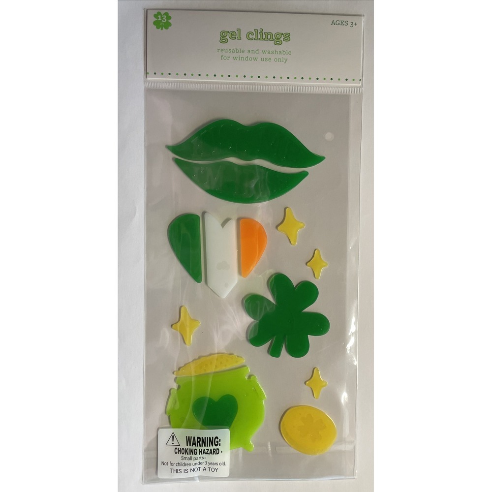 NEW St Patrick's Day Flag KISS ME IM IRISH POT OF GOLD Window Gel Clings 13 ct!